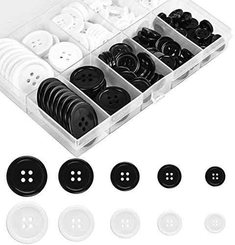 SIYINGSAERY Schwarze Weiße Knöpfe 10/12/15/20/25mm Rund Basis Knopfe Hemdknöpfe Harz 4 Loch Knopf Weiß Schwarz Bastelknöpfe Wäscheknöpfe Set mit Box knopfset für Nadeln Stricken (160)