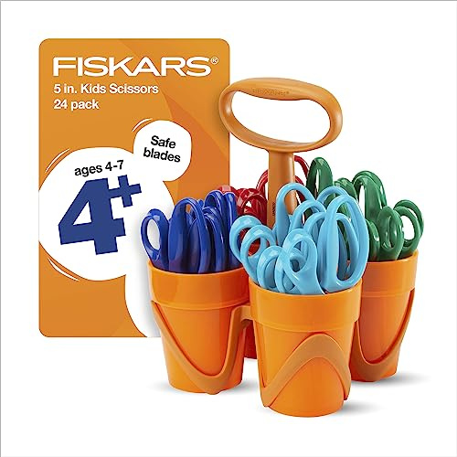 Fiskars 5 Blunt-Tip Scissors Classpack for Kids Ages 4-7 with Art Caddy Organizer (24-Pack), Kids Scissors for School or Crafting, Back to School Supplies, Assorted Colors