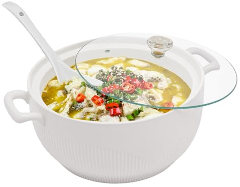 ZXTINGSHOP Soup Bowls with Handles, 3000ML / 3.17Qt Large Ceramic Soup Tureen with Glass Lid, Soup Ladle, 7.5-inch Ceramic Soup Containers, Microwave & Dishwasher Safe, White Ceramic Serving Soup Pot