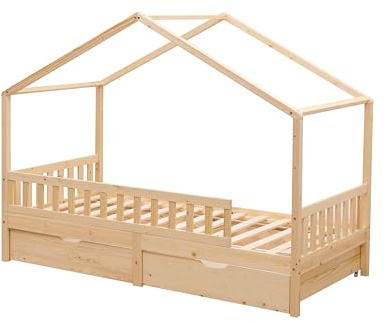 Kingwudo® Pine Wood Kids Bed Frame with 2 Drawers Child Bed Scandinavian House Style Standard Single Bed Frame for Bedroom Furniture,White or Natural Mattress (WITHOUT) 90x190 cm (Natural Wood)