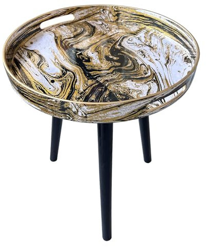 Simmer Stone Round Indoor Side Tables with Detachable Wooden 3 Legs, Versatile Tray Table, Perfect For Round Coffee Table Tea, and Relaxation Time 17.7 Inch (Marble Black Gold)