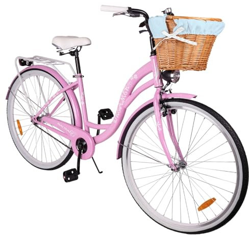 Maltrack Stadtfahrrad Dreamer mit Blau Korb, 1-Gang, 28 Zoll, Rückleuchten, Gepäckträger, Klingel, Fahrrad Citybike Damenfahrrad, Rosa