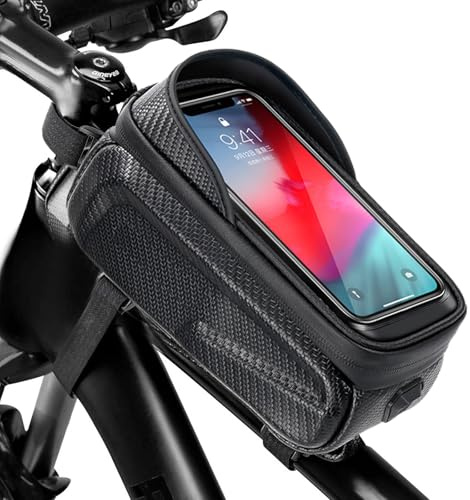 Cycling Top Tube Hard Shell Pouch, Bicycle Frame Storage Bag for Cash & Repair Tool, PU Waterproof Phone Holder for Mountain Bike with Earphone/Chargingport and 3 Point Stable Adjustable Strap (6.8)