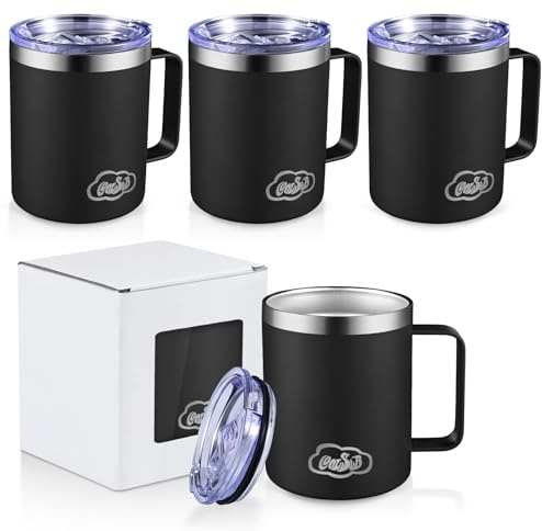 CoolSub 12oz Insulated Coffee Mug with Handle, Stainless Steel Wide Mouth Travel Tumblers with Lid, Double Wall Vacuum Coffee Cup for Camping, Office, Black 4 Pack