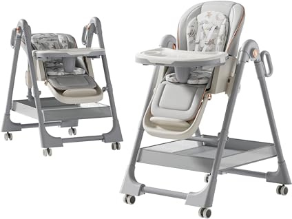 Veitoalioy Pelle PU Seggiolone, Seggiolone Pappa 0 36 Mesi, Sedile da Pranzo Multi-funzionale e Multi-ingranaggio Regolabile, Sedili Per Pasti Dotati Di Ruote e Piatti Staccabili (8122 Grey)
