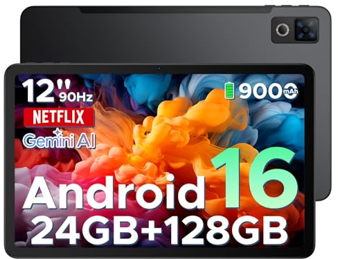 DOOGEE U12 Android 16 Tablet, 12 Inch Tablet, FHD+(2000x1200) 90Hz Large Screen Gaming Tablets, 24GB+128GB (2TB), Gemini AI Octa-Core, 9000mAh/18W, Camera 13+8MP, Widevine L1, 2.4G/5G WiFi, Face ID