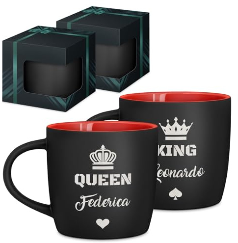 Maverton Set di 2 Tazze Colazione - Due Tazze Personalizzate in Ceramica per Coppia - Tazzine Caffe Nere Opache con Interno Rosso- Idee Regalo Fidanzato Anniversario Genitori
