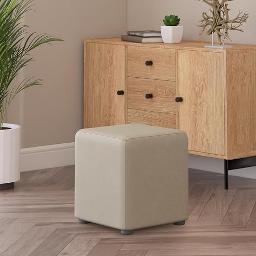 Footstools Direct Mushroom Cream Faux Leather Cube Footstool, 40 x 40 x 44 cm, Handmade in Britain, Occasional Seat & Foot Rest for Home
