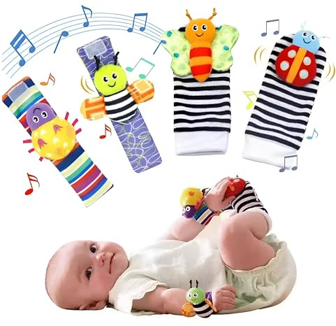 FRABE FAMILY Calcetines y pulseras sonajero bebé – Juego sensorial 4 piezas (2 calcetines + 2 pulseras) – Juegos educativos 0-12 meses, estimulación auditiva y coordinación, idea regalo recién nacido