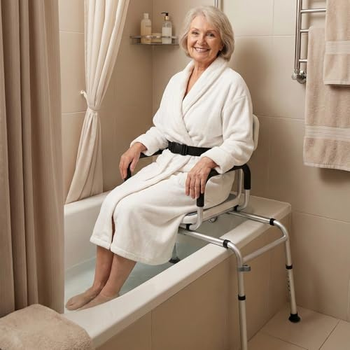 NEWTRY Gleitende Badewannen-Transferbank, 360° drehbarer Duschstuhl Badewannensitz mit 12-stufiger Höhenverstellung, Dusch- & badestühle mit Rollen Armen und Sicherheitsgurt für Senioren Behinderte