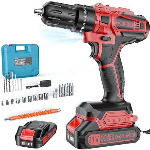 Olubfdh Perceuse Visseuse Sans Fil 21V Avec Batterie 1×2000mAh, 45Nm de couple max 25+3 positions de couple(2 vitesses & LED), avec chargeur maison et le jardin projet DIY (Rouge)