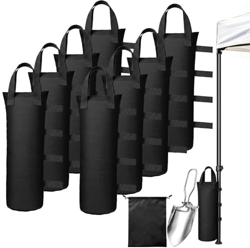 Solyxis Lot de 8 Poids de Tonnelle, Tissu Oxford 800D 20 X 50 Cm, Noir | Sacs de Sable pour Lestage avec Pelle et Sac de Rangement, Sac de Sable Robuste pour Tente, Parasol, Camping et Photographie
