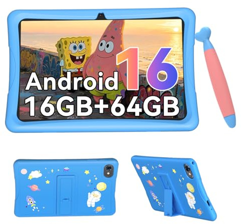 Kinder Tablet 10 Zoll, Android 16 Kinder Tablet ab 3-14 Jahre, 16GB(4+12) RAM + 64GB ROM(2TB Erweiterbar), Augenschutz HD Display, Kindersicherung, GMS, 5000mAh, WiFi6, 4 Jahre Garantie, Blau