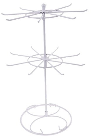 Rotating Iron 2-Tier Revolving Stand Rack Jewelry Holder Display with 16 Hooks - White
