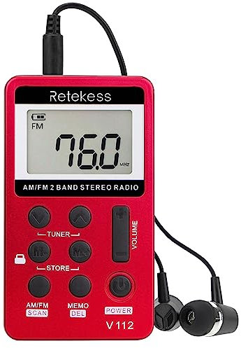 Retekess V112 Mini Radio,Taschenradio mit Kopfhörer,FM AM,Schlaftimer,Wiederaufladbar,LCD,Schlaftimer,500mAh Akku,zum Joggen,Reisen,Angeln(Rot)