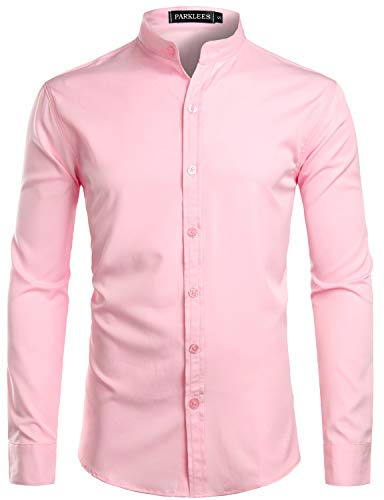 PARKLEES Camisa de hombre de una sola pieza, Slim Fit, de fácil planchar, de manga larga, con cuello de pie, para negocios, de ocio, Rosa., L