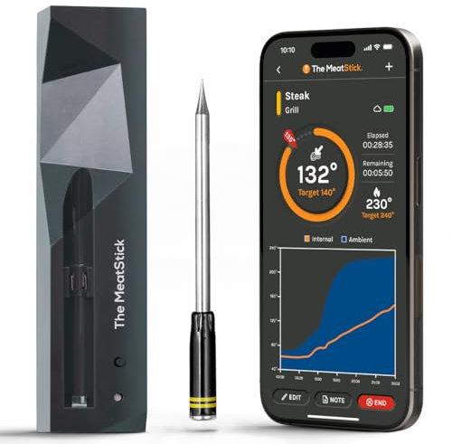 The MeatStick Thermometer mit App I kabelloses Fleischthermometer mit 10m Reichweite I präzises Temperaturmessgerät bis 300°C I Grillthermometer mit 92mm Temperaturfühler inkl. Ladegerät