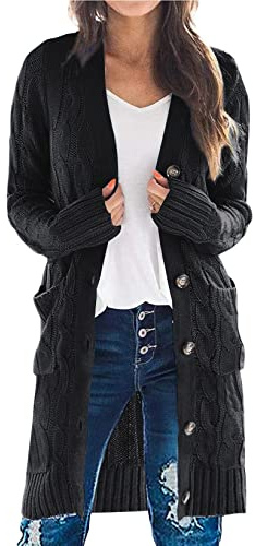 PRETTYGARDEN Long Sleeve Cable Knit Long Cardigan for Women 2026 Spring Winter Chunky Open Front Button Sweaters with Pockets (Black, X-Large)