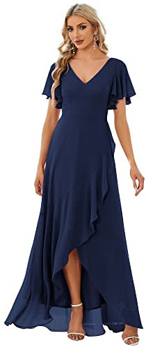 Ever-Pretty Robe de Mariage Femme Longue Asymétrique Manches Courtes Col V Fendue Fluide Chic Bleu Marine 52