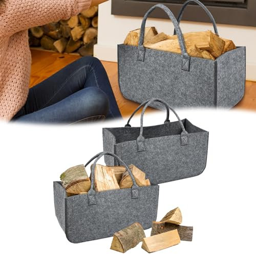 JOIEYOU Lot de 2 sacs en feutre pour bois, journaux, bois de cheminée, 50 x 25 x 25 cm, gris