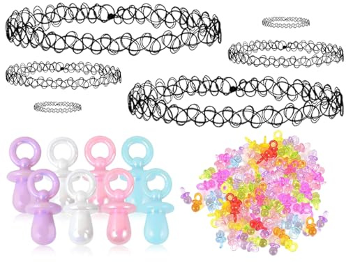 Lhbwhiz Ensemble collier ras du cou tatouage années 90,tenue années 90,accessoires pour femme,collier, bracelet,chaîne de tétine,tétine pour bébé,collier élastique,tétine décorative,tétine