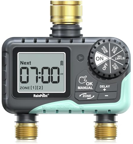 RAINPOINT Water Timer 2 Outlets, IP65 Waterproof Garden Hose Irrigation Timer with Brass Inlet & Outlet, Rain Delay/Manual Watering, Automatic Irrigation System for Lawn, Yard