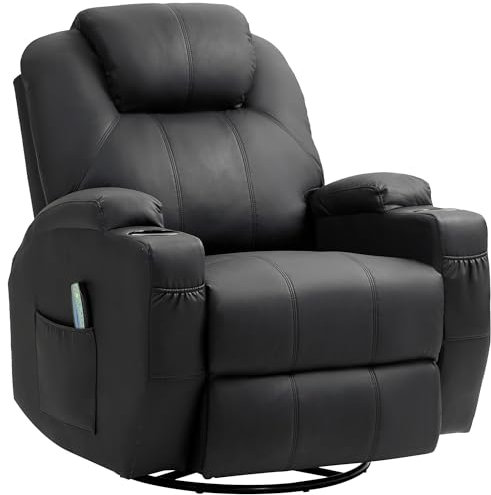 HOMCOM Relaxsessel mit Massagefunktion, Elektrisch Fernsehsessel mit Liegefunktion, Wippfunktion, Drehbar Massagesessel mit Federsystem, Fernbedienung, Becherhalter und Seitentasche, Schwarz