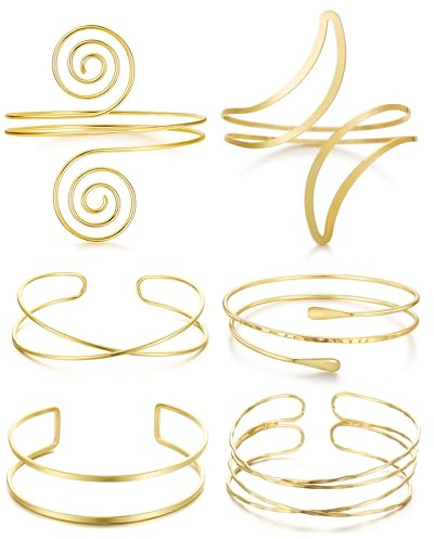 BOMAIL 6 Pieces Arm Cuff Jewelry for Women Gold Arm Cuff Upper Arm Band Adjustable Coil Swirl Armlet Armband Set Minimalist Arm Bracelet Jewelry