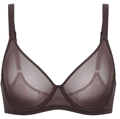 Delimira Women's Cosnufy Sheer Mesh Bra Full Coverage Plus Size Plunge Unlined Underwire Bras Hazelnut 38G