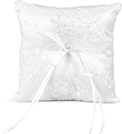 mimzemamz Cuscino Fedi Nuziali, Matrimonio Decorazione Cuscino per Fedi Nuziali Bianco Cuscino Portafedi 15x15cm Porta Fedi con Nastro per Matrimoni Romantici