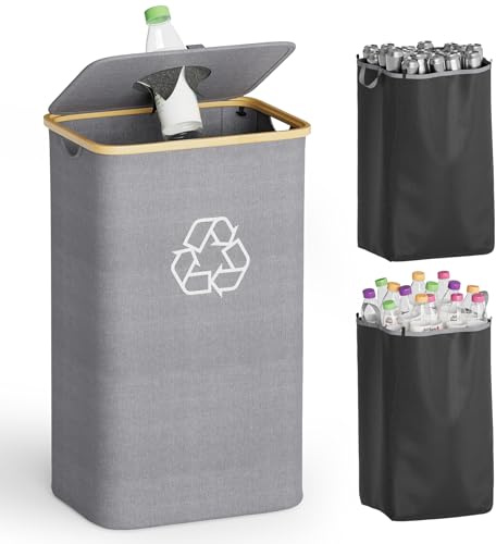 SpaceAid Recycling Bin for Kitchen 26 Gallon, 100L Recycle Bin with Lid and 2 Reusable Inner Bags, for Bottle Can Glass Plastic Stickers, Grey