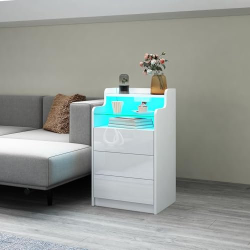Komtopod LED Nachttisch mit Ladestation, Nachtschrank Beistelltisch mit 3 Schubladen, 2 AC-Steckdosen, 2 USB-Anschlüsse, Hochglanz-Schubladenfronten, für Wohnzimmer, Schlafzimmer, Arbeitszimmer, Weiß