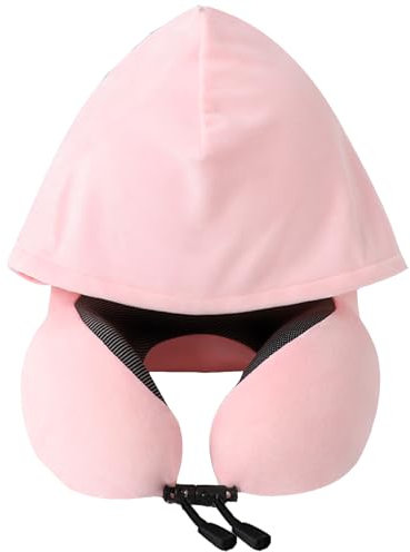 YOUYIKE Reisekissen mit Kapuze & Memory Schaum | Nackenkissen Flugzeugkissen mit 95% Lichtschutz, Verstellbarem Nackenhörnchen Travel Pillow für Flugreisen, Büro & Seitenschlaf (Reines Pulver)