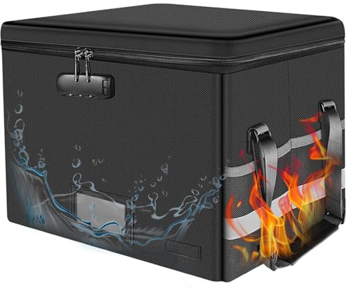 Fireproof Document Box with Lock, Waterproof Collapsible File Storage Box 39.5x31x25.5cm, Portable Home/Office Safe Organizer for Hanging Letter/Legal Folders, Reflective Strip & Handles (Box Only)