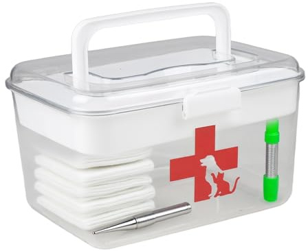 ZoeQide Boîte de premiers secours pour chien et chat - Boîte à médicaments à 2 couches avec poignée - Boîte de rangement transparente pour pharmacie pour animaux de compagnie et pharmacie de voyage