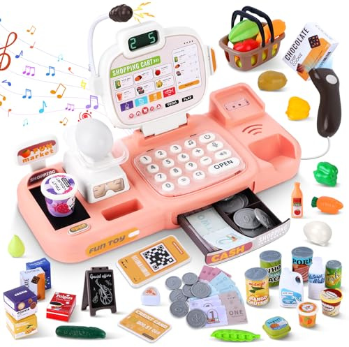 Charmofun Registratore di Cassa Giocattolo per Bambini, Gioco Cassa Supermercato con Scanner e Microfono, Giochi di Ruolo al Supermercato per Bambine Bambini dai 3 Anni In Su (Rosa)