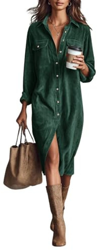 chouyatou Women's Fall Corduroy Button Down Shirt Dress Casual Lapel a Line Pleated Tunic Shift Midi Long Dress (Medium, Dark Green)