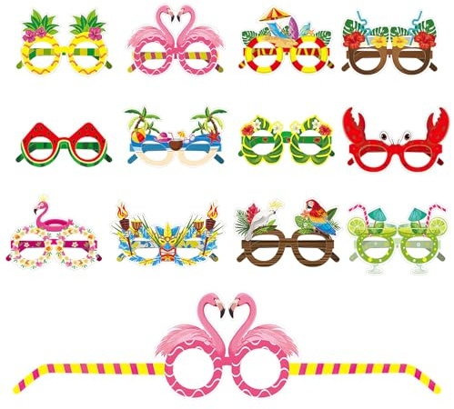 Meyyui 12 PCS Hawaiian Party Glasses, Beach Tropical Party Glasses, Novelty Luau Party Glass for Adults Kids, Hawaiian Tropical Parties Eyewear Glass, Paper Parties Eyeglasses Mask, for Hawaii