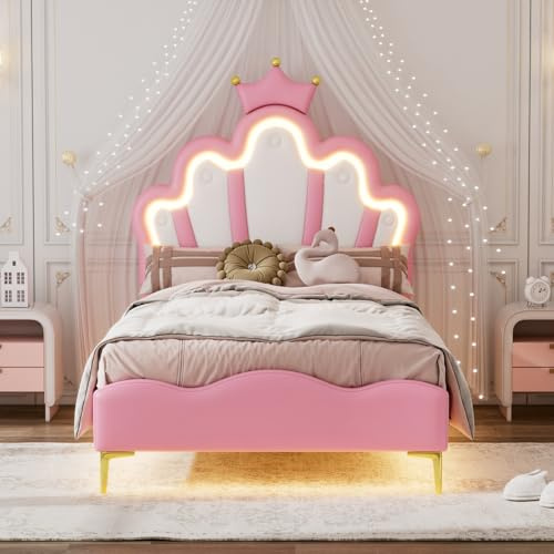 KOOPMAD Barnsäng Flicka 90x200, Barnsäng Princess med LED-belysning, Stoppad Barnsäng med Sänggavel, Design i Kronform för Barn & Tonåringar, Enkel Barnsäng, PU, Rosa (utan madrass)