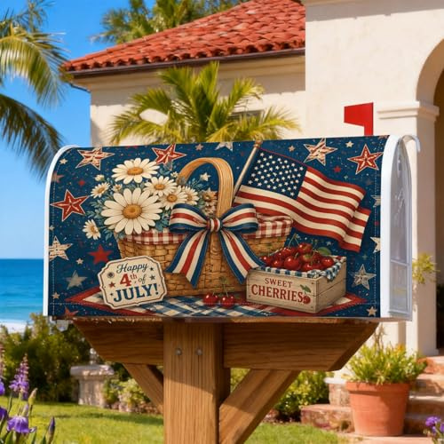 Coperture magnetiche per cassette postali con crisantemo, bandiera americana patriottica festiva con ciliegie del 4 luglio, copertura per cassetta della posta blu per la decorazione della porta