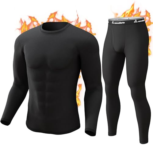 CL convallaria Long Johns Thermal Underwear for Men Soft Fleece Lined Base Layer Cold Weather Top Bottom Gift Set Midweight Crew Neck Black XX-Large