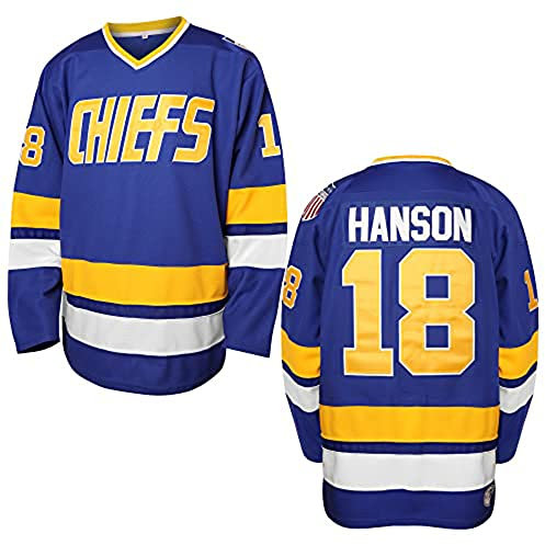 EETUG Villa Hanson Brothers Hockeytrikot 16 Charlestown Chiefs 17 Jeff Slap Shot 18 Movie Hockeytrikot Blau Weiß S-3XL (16 Blau, XX-Large), Blau, XX-Large