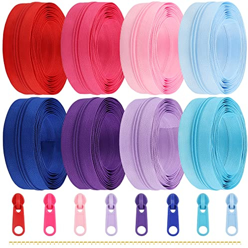 DOITEM 2.8 mm Zippers 22.4 m Nylon Endless Zip Set with Slider and Zip for Sewing and Crafts – 8 Colors
