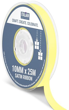 Italian Options Satin Ribbon, Fabric Ribbons for Gift Wrapping, Crafting, Balloons, Wedding Car, Presents, Cake, Christmas, Birthday, Gift Wrap Accessories, 10mm Wide x 25 Metre Roll, Lemon