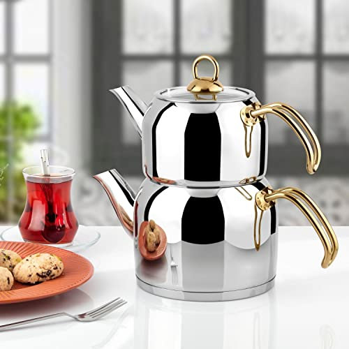 Uzman Türkische Teekanne Tea Pot Ideale Größe Silber Gold auch Induktion geeignet, Caydanlik Goldgriff 2,9 Liter Samowar Semaver Teekocher mit Glasdeckel & integriertem Sieb
