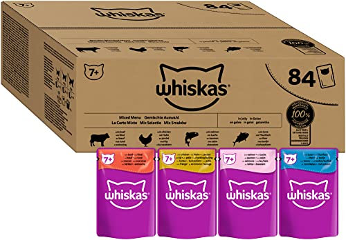 Whiskas Senior 7+ Katzennassfutter Gemischte Auswahl in Gelee, 84 Portionsbeutel, 84x85g (1 Großpackung) – Hochwertiges Katzenfutter nass, für Katzen ab 7 Jahren und älter