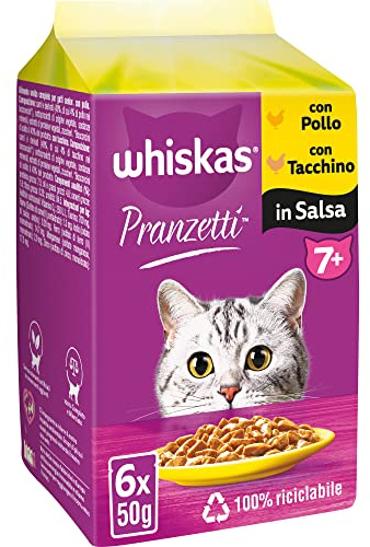 WHISKAS PRANZETTI Cibo Umido in Salsa per Gatti Adulti Senior 7+ 6x50g Pollame, confezione da 12