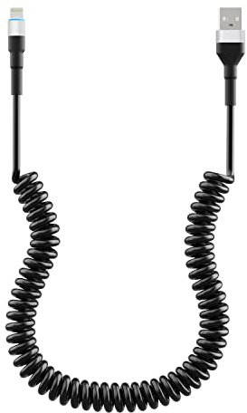 Aufgewickeltes Lightning-Kabel, iPhone-Ladekabel fürs Auto [Apple MFi-zertifiziert], Apple CarPlay-Kabel mit Datenübertragung und LED, aufrollbares USB-Ladegerät für iPhone/Pad/Pod