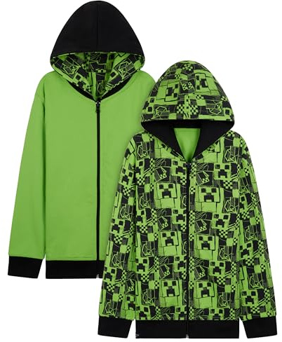 Minecraft Sweats à Capuche Garçon Hoodie Sweat Zippé Réversible à Capuche Pull Enfant Ado Gamer Veste Zippée 5-14 Ans (Vert, 9-10 Ans)
