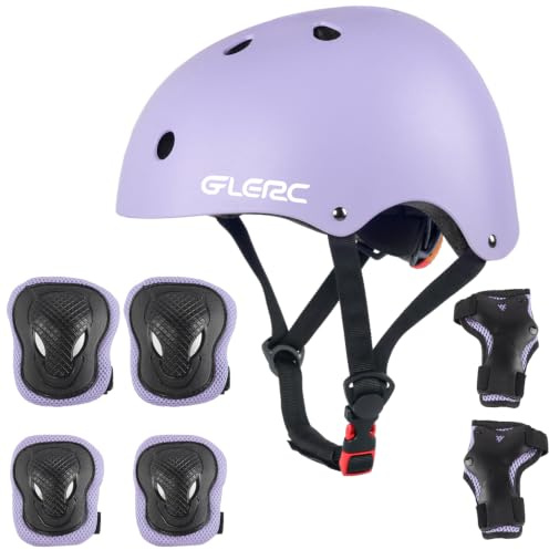 Glerc Enfants Casque de Protection Set Genou coude protège - Poignets pour Les garçons et Les Filles de Plus de 8 Ans Skateboard Roller Bike Skate Protection Set réglable, m,Violet